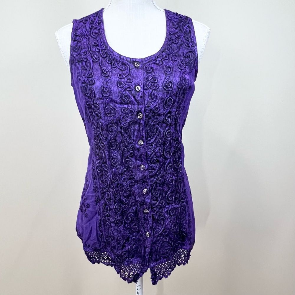 NWOT Braja Boho Purple Embroidered Crochet Hem Button Front Tank Top M